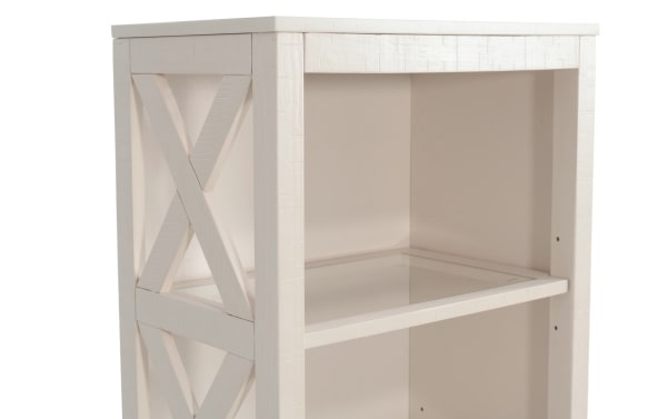Rustic Montana White Left Pier from Montana Entertainment & Occasional, featuring white MDF, pine solids, pine veneer, open shelving, and LED lighting.