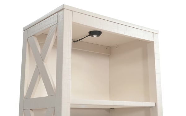 Rustic Montana White Left Pier shelf from Montana Entertainment & Occasional collection, made of MDF, pine solids, and veneer with built-in LED light.