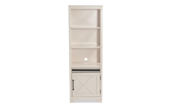 Montana White Right Pier from Montana Entertainment & Occasional collection, rustic MDF and pine shelves with LED lighting and storage cabinet.