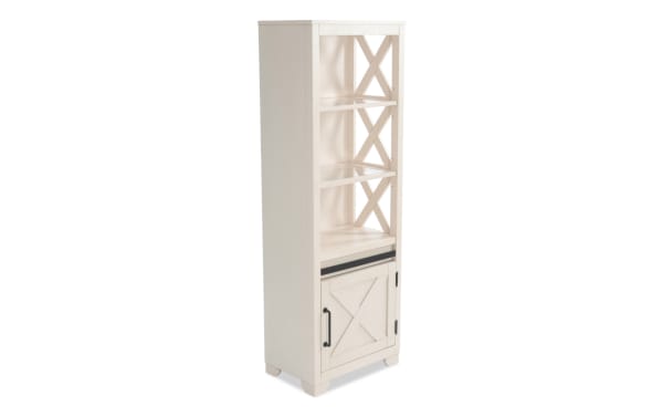 Montana White Right Pier from Montana Entertainment & Occasional collection, rustic MDF and pine wood shelving unit with LED lighting and storage cabinet.