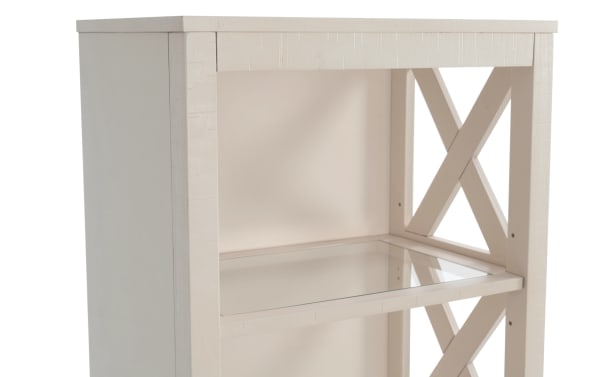 Rustic Montana White Right Pier shelving unit from Montana Entertainment & Occasional collection, made of MDF, pine solids, and pine veneer with LED lighting.