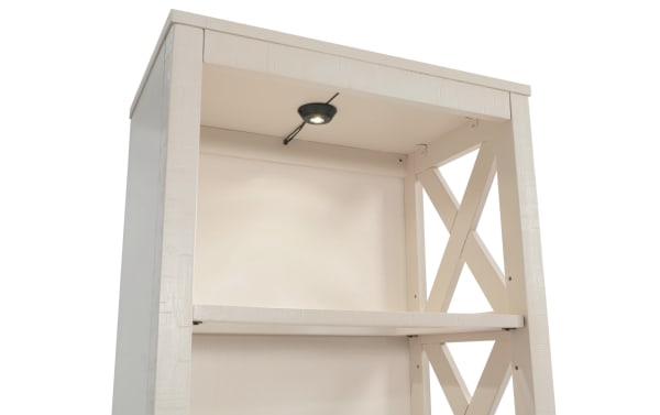 Rustic Montana White Right Pier from Montana Entertainment & Occasional collection, featuring white MDF, pine solids, pine veneer, LED light, and open shelving for media storage.