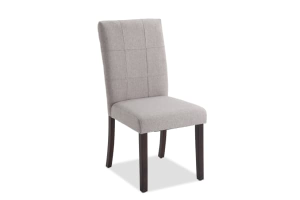 Leah Brown & Beige Solid Back Upholstered Dining Chair with plush beige polyester fabric and dark rubberwood legs, transitional style.