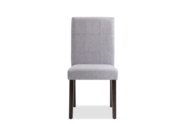 Leah Brown & Gray Solid Back Upholstered Dining Chair with plush gray polyester fabric and dark rubberwood legs, transitional style seat.
