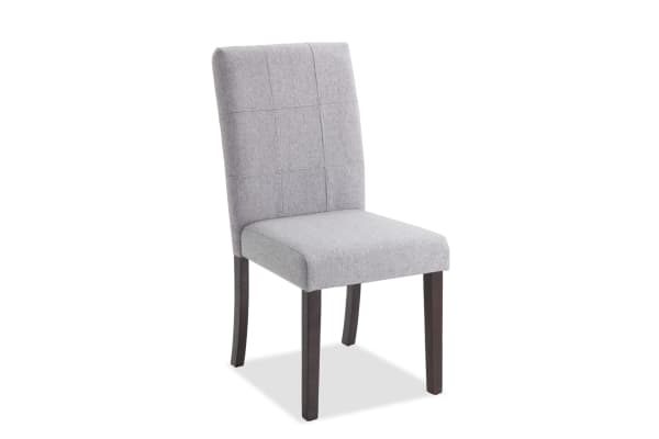 Leah Brown & Gray Solid Back Upholstered Dining Chair with plush gray polyester fabric, rubberwood legs, and transitional style for dining rooms.