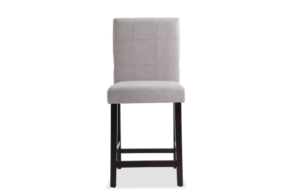 Leah Brown & Beige Solid Back Upholstered Counter Height Stool with beige polyester fabric seat, rubberwood legs, and transitional style.