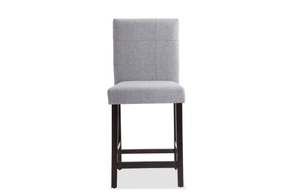 Leah Brown & Gray Solid Back Upholstered Counter Height Stool with gray polyester fabric seat, dark espresso rubberwood legs, transitional style.