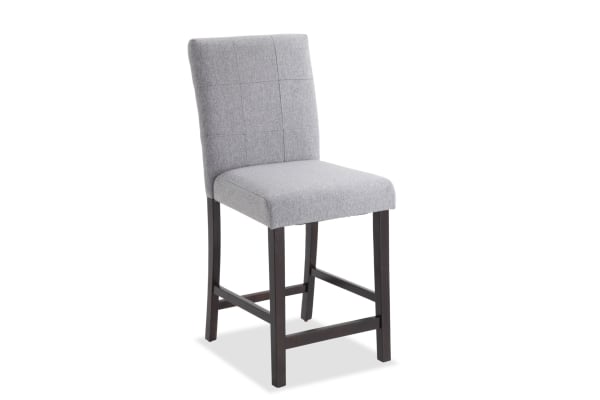 Leah Brown & Gray transitional counter height stool with gray polyester upholstered seat and solid rubberwood dark brown legs, plush fabric backrest.
