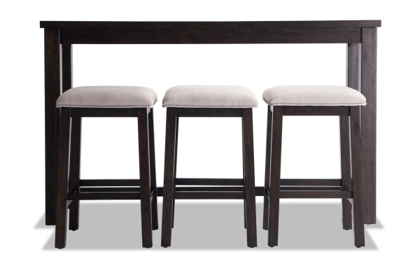 Montana 4 Piece Espresso & Beige Upholstered Sofa Table Set with acacia veneer, polyester fabric stools, transitional style, bar height, USB/power ports.