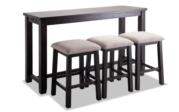 Montana 4 Piece Espresso & Beige Upholstered Sofa Table Set with acacia veneer, polyester fabric stools, memory foam seats, USB and power outlets, transitional style.