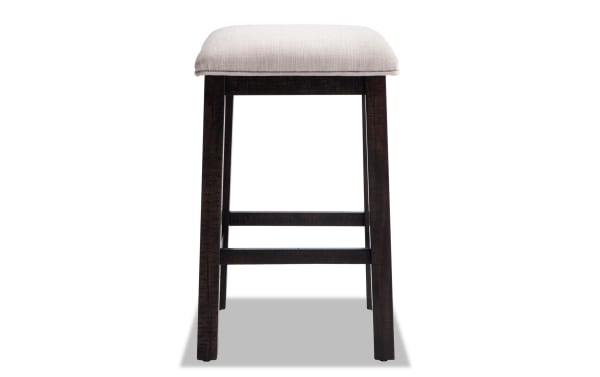 Beige upholstered bar stool from Montana 4 Piece Espresso & Beige Sofa Table Set, featuring polyester fabric, acacia veneer legs, and transitional style.