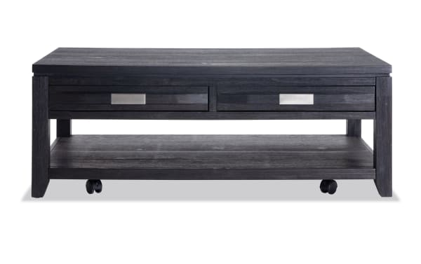 Contemporary Elevations Charcoal Storage Coffee Table with acacia veneer, plywood, MDF, featuring two drawers, lower shelf, and caster wheels for living room.