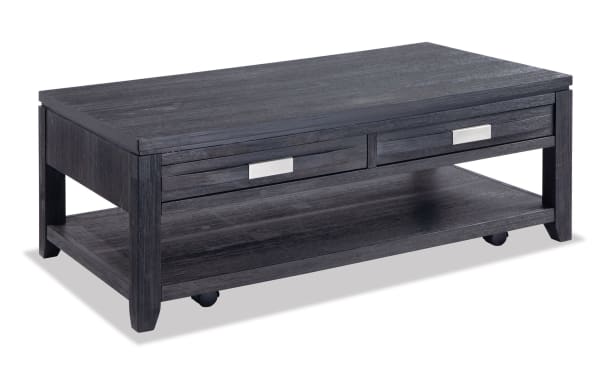 Contemporary Elevations Charcoal Storage Coffee Table with acacia veneer, charcoal finish, two drawers with metal handles, and lower shelf for living room.