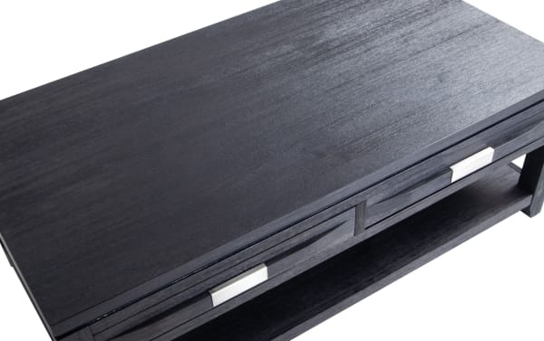 Contemporary Elevations Charcoal Storage Coffee Table with acacia veneer, charcoal finish, metal handles, and open lower shelf for living room storage.