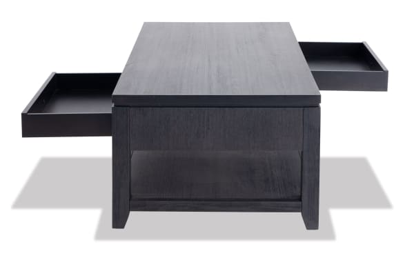 Contemporary Elevations Charcoal Storage Coffee Table with acacia veneer, plywood, MDF, featuring charcoal finish and two pull-out side trays for versatile living room use.
