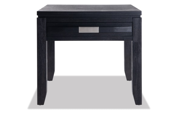 Contemporary Elevations Charcoal Storage End Table in dark acacia veneer with a single drawer, sleek metal handle, and sturdy plywood legs.