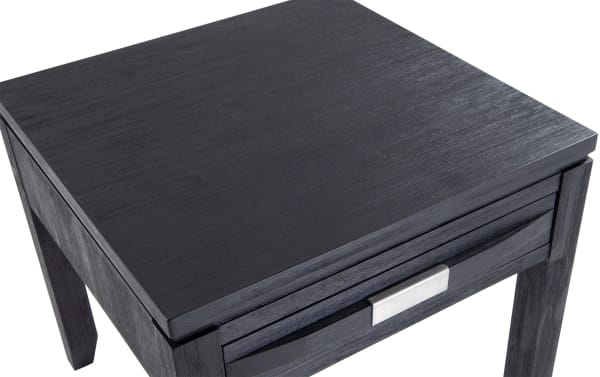 Contemporary Elevations Charcoal Storage End Table in dark charcoal finish with acacia veneer, featuring a single drawer and sleek metal handle.