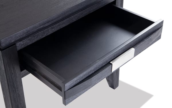 Contemporary Elevations Charcoal Storage End Table with open drawer, charcoal acacia veneer finish, metal handle, and sturdy legs for living room use.