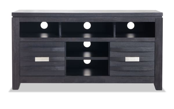 Elevations 50'' black contemporary TV stand with MDF and acacia veneer, featuring ample storage, open shelves, and two drawers.