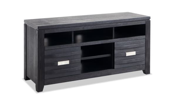 Contemporary Elevations 50'' Black TV Stand in MDF and Acacia Veneers with ample storage, two drawers, and open shelves, fully assembled.