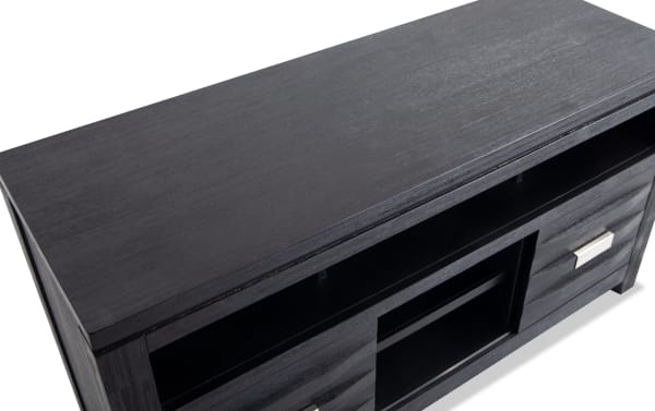 Contemporary Elevations 50'' black TV stand with MDF and Acacia veneer, featuring ample storage, drawers with silver handles, and open shelving.