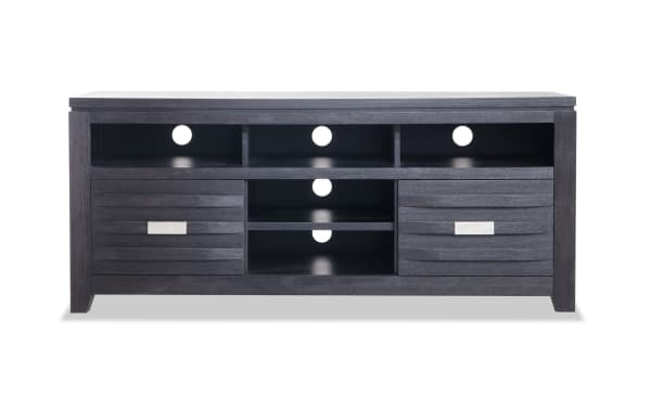 Elevations 60'' black contemporary TV stand with MDF and acacia veneer, featuring multiple open shelves and two storage drawers for media organization.