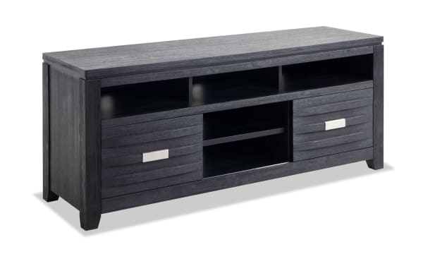 Elevations 60'' black contemporary TV stand with MDF and acacia veneer, featuring ample storage, two drawers with silver handles, and open shelves.