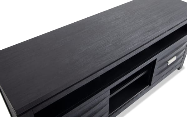 Elevations 60'' black contemporary TV stand with MDF and acacia veneer, featuring ample storage, drawers, and open shelves for media organization.