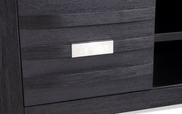Black Elevations 60'' TV stand door with silver rectangular handle, contemporary MDF and acacia veneer storage unit from Elevations Entertainment collection.