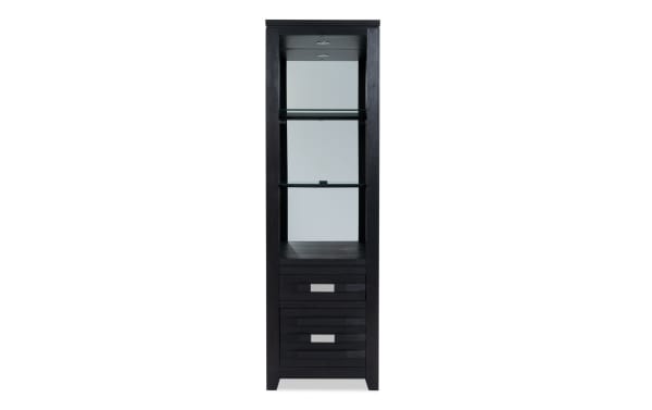 Elevations Black Universal Pier from Elevations Entertainment & Occasional, contemporary black MDF and acacia veneer storage unit with glass shelves, mirrored back, recessed lighting, and two drawers.