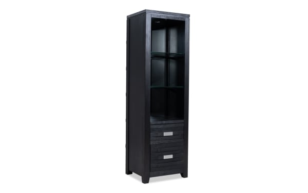 Elevations Black Universal Pier from Elevations Entertainment & Occasional, contemporary black MDF and acacia veneer cabinet with glass shelves, recessed lighting, and rustic design.