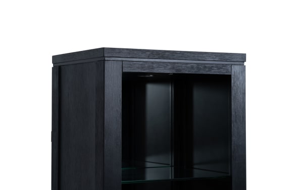Contemporary Elevations Black Universal Pier with black MDF and acacia veneers, glass shelves, recessed lighting, and rustic mirrored interior.