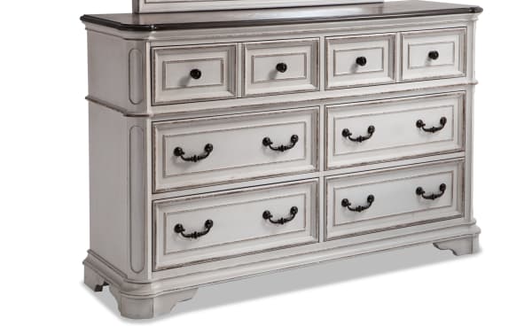 Scarlett White & Oak 6 Drawer Dresser with farmhouse style, birch veneer, poplar, oak, MDF, antique brass hardware, white distressed finish, felt-lined top drawers, cedar bottom drawers.