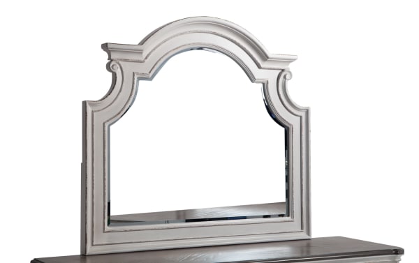 Scarlett White & Oak farmhouse dresser mirror with arched top, birch veneer and oak frame, natural distressing, antique brass accents, cottage style.