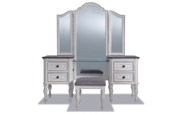 Scarlett White & Oak 4 Drawer Vanity Set in gray farmhouse style with birch veneer, oak, polyester fabric stool, memory foam cushion, and tri-fold mirror.