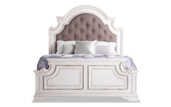 Scarlett King White Panel Bed with tufted gray polyester fabric headboard, distressed white birch veneer and poplar wood, farmhouse style.