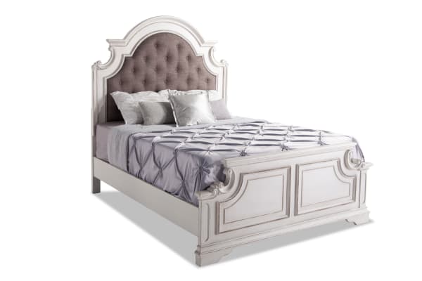 Scarlett King White Panel Bed in gray farmhouse style with tufted upholstered polyester headboard, distressed birch veneer and poplar wood frame.