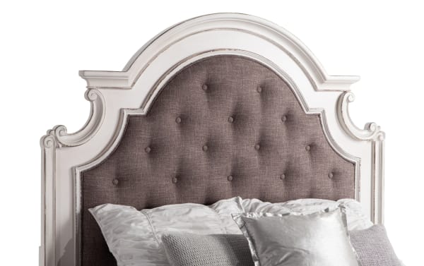 Scarlett King White Panel Bed with tufted gray polyester fabric headboard, distressed birch veneer wood frame, farmhouse style.