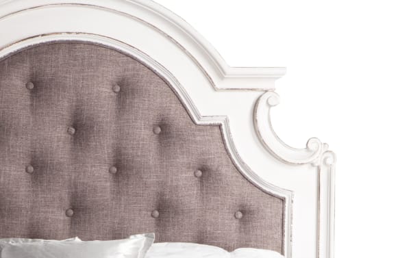 Scarlett King White Panel Bed with tufted gray polyester fabric headboard, distressed white birch veneer farmhouse style frame.