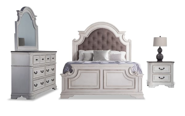 Scarlett 4 Piece Queen Bedroom Set in gray farmhouse style with white oak finish, tufted fabric polyester upholstered bed, antique brass hardware, dresser with mirror, and nightstand with dual USB ports.