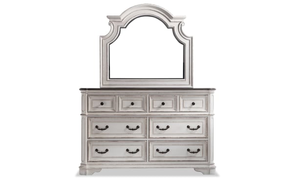 Gray farmhouse-style Scarlett 4 Piece Queen Bedroom Set with white oak finish, birch veneer, tufted fabric upholstery, antique brass hardware, and multiple drawers.