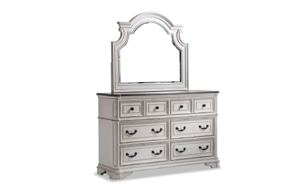 Scarlett 4 Piece Queen Bedroom Set in gray farmhouse style with distressed birch veneer, oak, and poplar solids. Features antique brass hardware, multiple drawers, and an arched mirror.