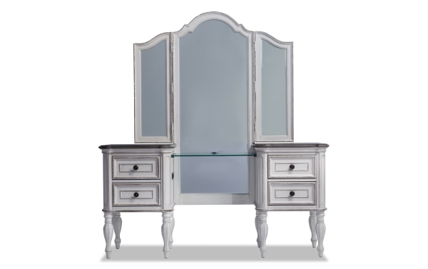Scarlett farmhouse-style gray vanity with three mirrors, birch veneer and poplar wood, featuring antique brass hardware and a glass shelf.