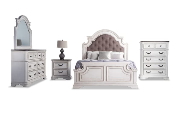 Scarlett 5 Piece King Bedroom Set in gray farmhouse style with birch veneer, oak, polyester fabric upholstered bed, dresser with mirror, nightstand with USB ports, and chest. Features distressed white finish, antique brass hardware, cedar and felt-lined drawers for organized storage.