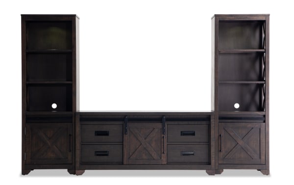 Montana 99'' Espresso 3 Piece Storage Entertainment Center in rustic style with pine solids, MDF, pine veneer, featuring open shelves, LED lighting, and sliding barn doors.