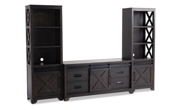 Montana 99'' Espresso 3 Piece Storage Entertainment Center with rustic pine solids, MDF, pine veneer, LED lighting, shelves, drawers, and sliding barn doors.
