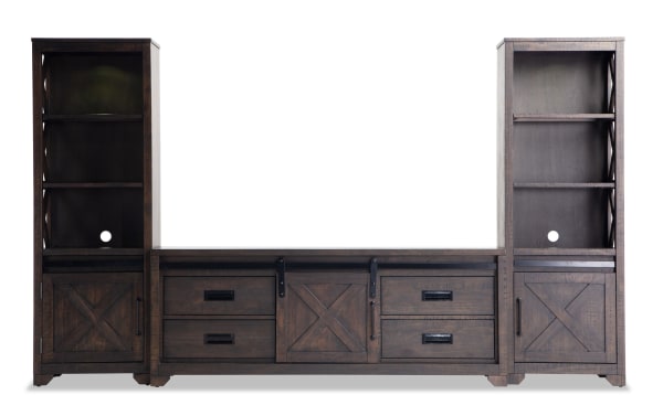 Montana 109'' Espresso 3 Piece Storage Entertainment Center in rustic style, pine solids and veneer, with LED-lit shelves and sliding barn doors.