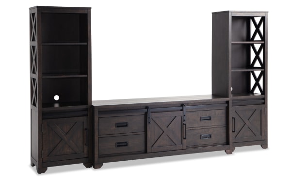 Montana 109'' Espresso 3 Piece Storage Entertainment Center in rustic style, made of pine solids, MDF, and pine veneer with open shelves, sliding barn doors, and LED lighting.