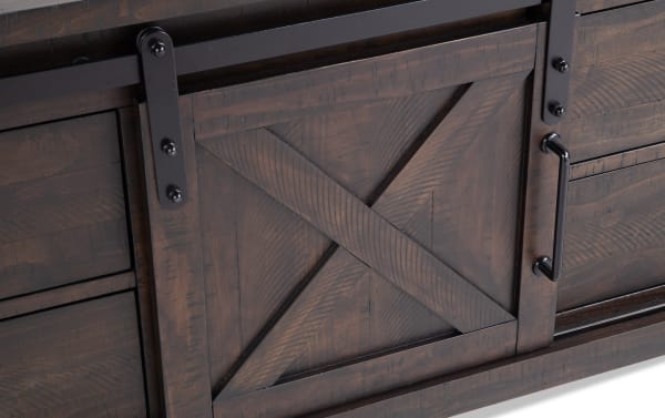 Rustic Montana 109'' Espresso 3 Piece Storage Entertainment Center door detail with pine solids, MDF, pine veneer, black metal handle, and sliding barn door hardware.