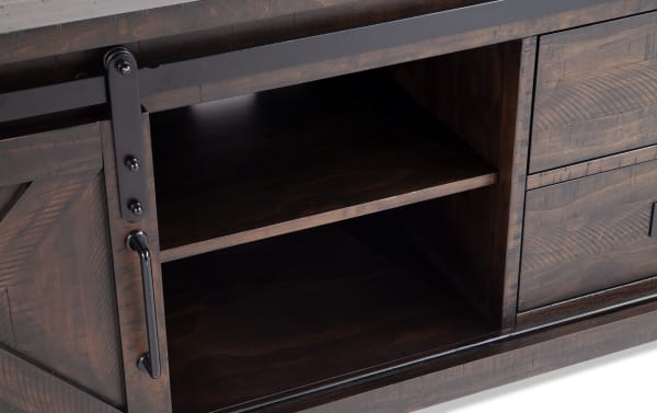 Rustic Montana 109" Espresso 3 Piece Storage Entertainment Center with pine solids, MDF, pine veneer, open shelving, and dark espresso finish.